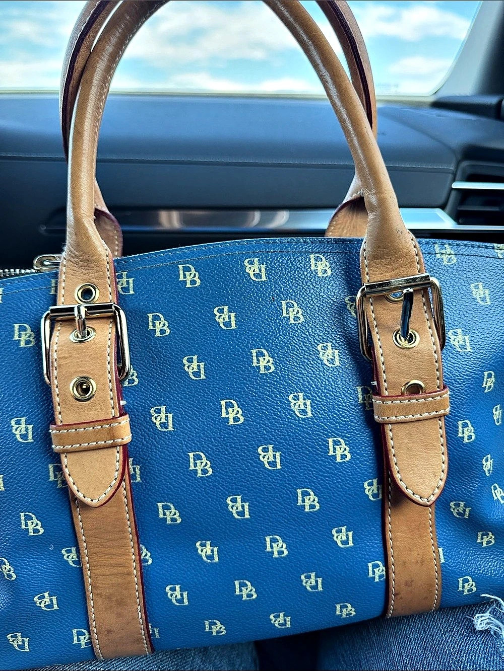 Dooney & Bourke Monogram Tote in Blue & Brown - Picture 2 of 13